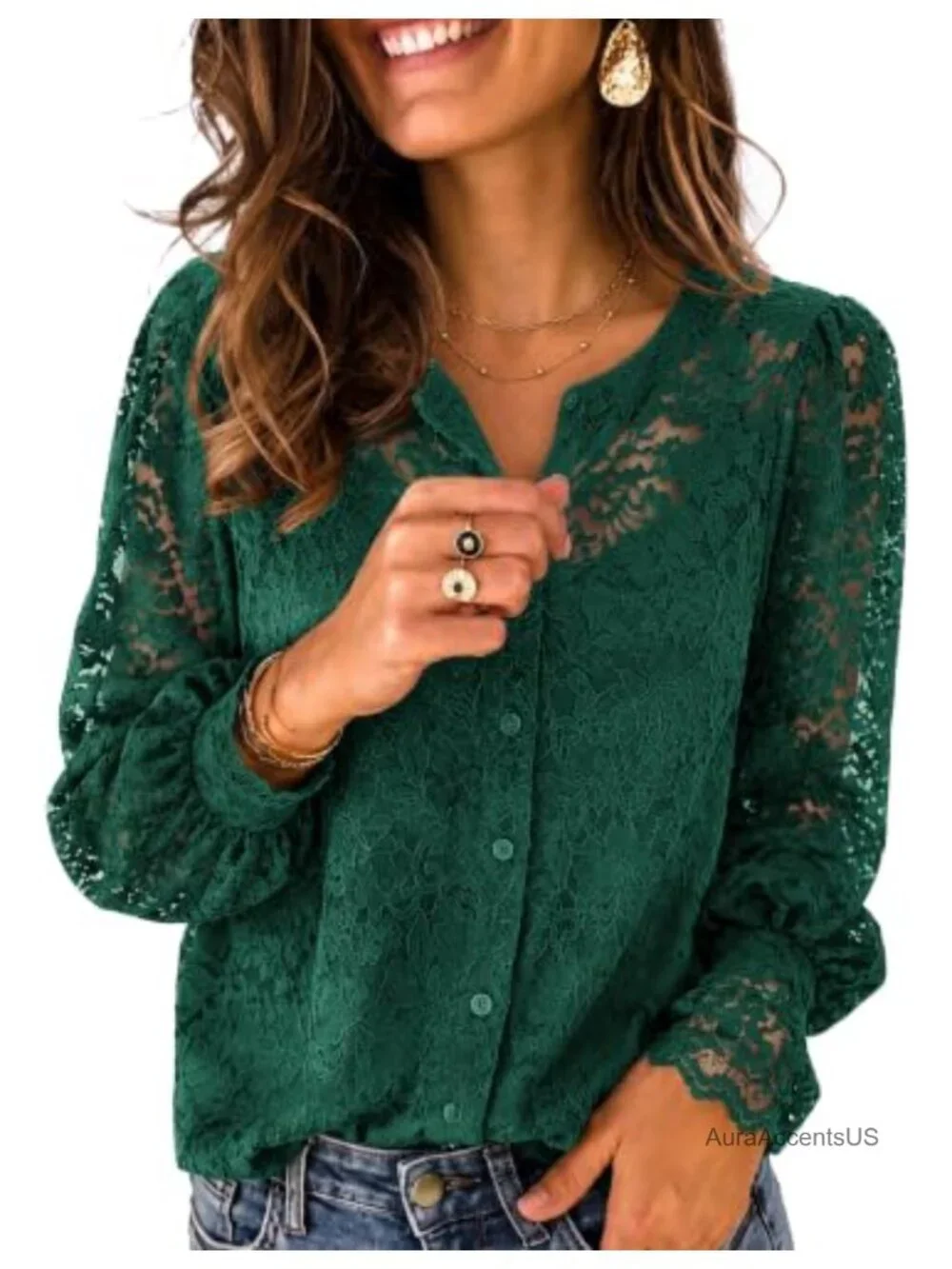 Lace Button Up Blouse for Women Long Sleeve Sheer Top